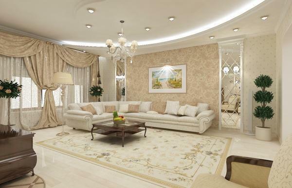 The classic design of the ceiling in the living room is very popular