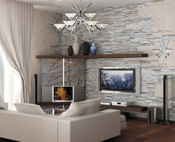 Decorative stone in the interior of the living room photo: artificial decoration of the hall, design with wood, combination in decoration