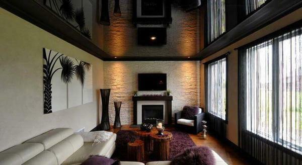 Black stretch ceiling: photo black and white in the interior, glossy, reviews about the color, with a pattern and matte