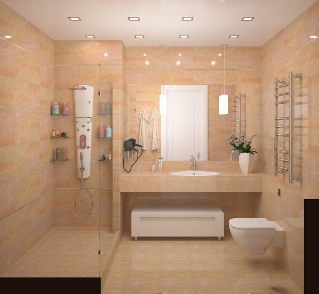 Design of a bathroom with a shower cabin, with a bathtub