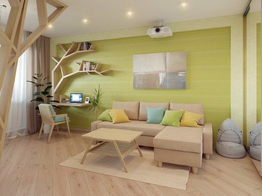Decor in ecological style: lots of wood and natural textiles in the "natural" colors.