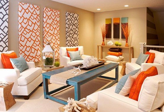 Bright room decor in warm colors makes the interior more "juicy" and expressive.