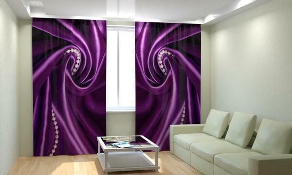 Fotoshtory la impresión de imágenes en 3D: la imagen real en el interior, la imagen 3D y la imagen de las cortinas en la sala de estar