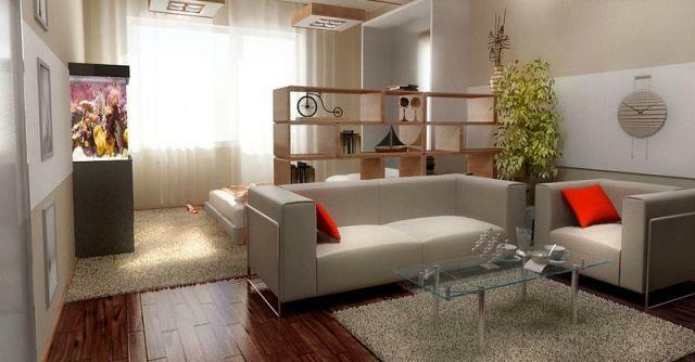 Design of living room-bedroom: interior photo, room in Khrushchev, two small, 12kv. M and ideas, a place for the walls