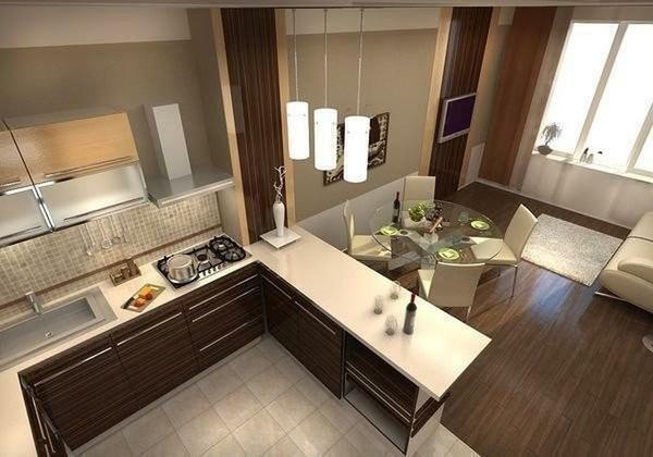 Projekteerimise köök-elutuba, zoned abil mööbel, on kõige levinum