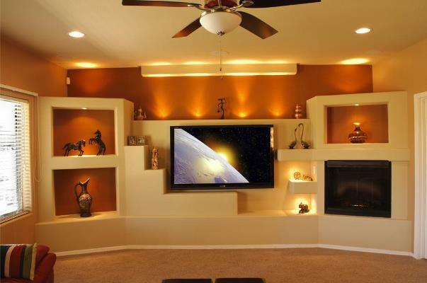 Niche from plasterboard under the TV in the interior photo: shelves and wall, ideas for TV, constructions by own hands