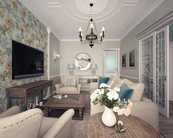 Large flowers on the wall, combined with antique furniture living room talking about belonging to the style of Provence.