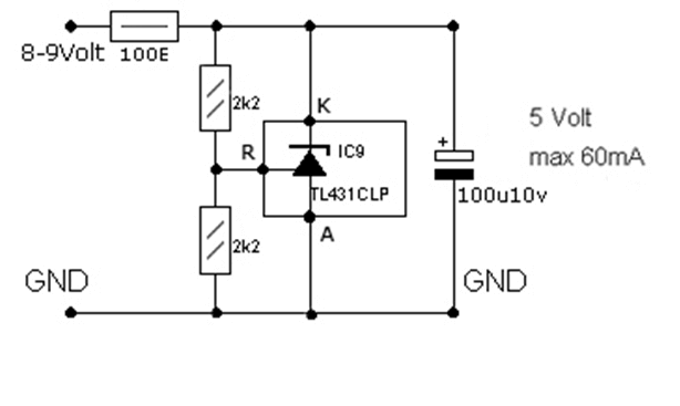 Schemat połączeń dla regulowanej diody Zenera TL431