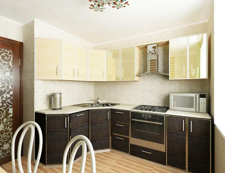 Interior kitchen 9 sq m and 15: the design of the narrow space, combined with a balcony and a loggia