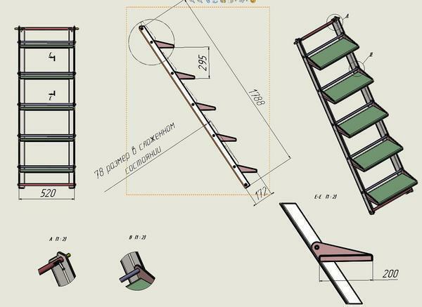 Rasējumos, jūs varat uzzināt sīkāk par iespējām, kas dizaina salokāmu bēniņu kāpnes