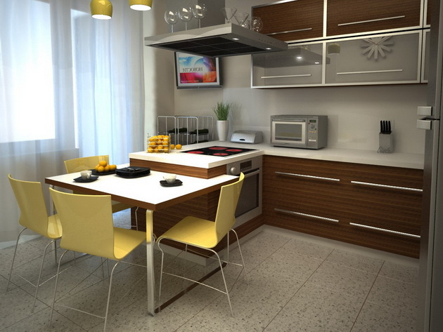 Kitchen Design 9 sq m: angular, features a balcony and others, the project, videos and photos