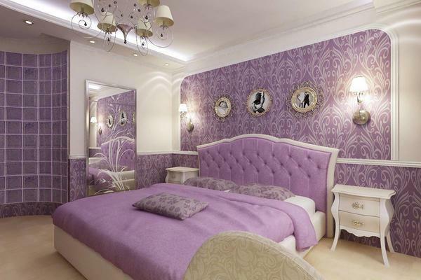 Bedroom lilac: photo design in color, interior tone, white furniture, pale beige, purple and gray