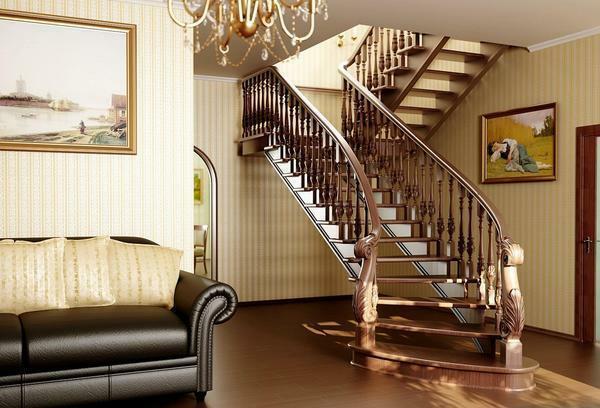 Vacker trappa: det bästa och bra i huset, ett foto med en bekväm lyft- och storlekar av trä på den andra golvlösningar