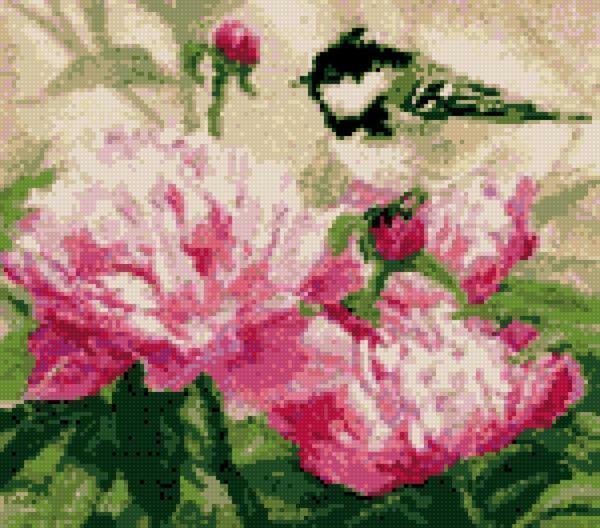 Cross-stitch embroidered peonies pattern: free download, set from Luca S, bouquet in vase, photo of flowers, value and reviews