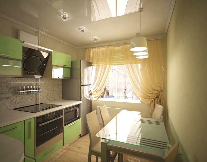 Keuken ontwerp 8 meter: dineren afwerking 5 m2 en 10 meter met een boog