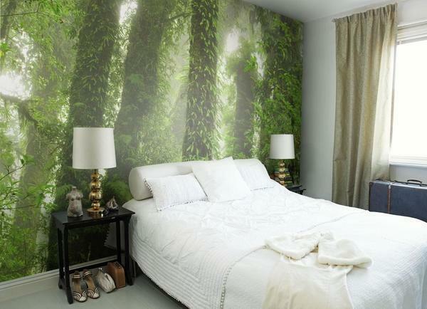 Jika pemilik - seorang pengikut tren fashion, solusi terbaik untuk dekorasi dinding di kamar tidur akan memiliki pilihan wallpaper dengan motif alami