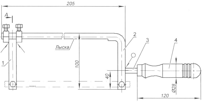 Dizajn nožne pile: 1 - stalak; 2 - držač okvira; 3 - drška; 4 - ručka