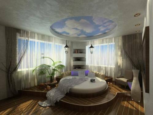 Dizajn spavaća soba 12 m²: završiti u modernom stilu s kaučom i podij za odrasle