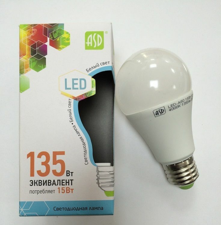 Lamp ASD LED-A60-standard: kraften i 15 W, ljusstyrkan på 1350 lumen, priset på 140 rubel.