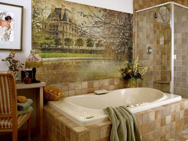 Paneles de azulejos muy a menudo lo hacen en el baño. Paneles patrón adecuadamente seleccionados se complementan perfectamente con el diseño del cuarto de baño