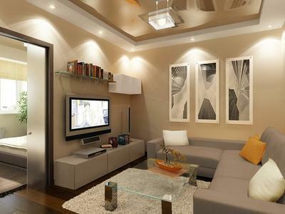 Vytvoriť originálne interiér v obývacej izbe s stretch stropom vynikajúcou voľbou by bolo použitie reflektorov