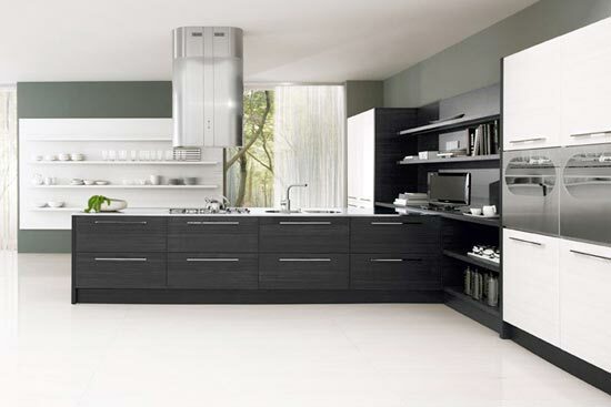 black and white kitchen interior