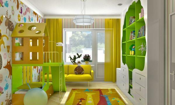 Dekoratif öğeler ve orijinal tasarım kullanarak, yatak odası ve çocuk odası birleştirmek mümkündür