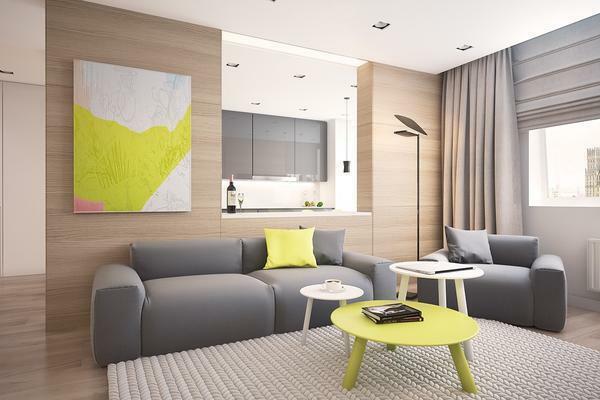Living room in gray tones: interior in color, combination and photo, hall design with bright accents, style of light walls