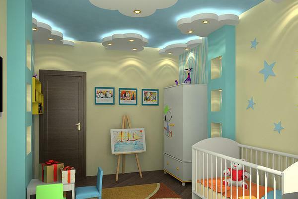 The ceiling of the gypsum board takes several centimeters, which is quite noticeable for the standard ceiling height. But it is in the nursery that is not a drawback