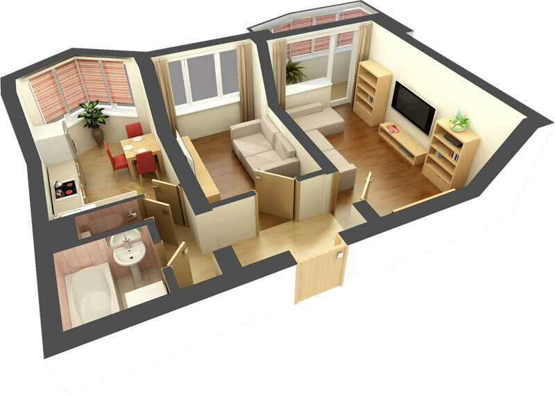 Tervezés Hruscsov 2 szoba: nappali tervezés két hálószobás apartman