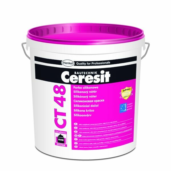 En la foto Ceresit CT 48 - calidad de la pintura de silicona del fabricante alemán