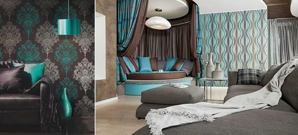 Turquoise-brown wallpaper in any room will look exquisite, stunning, original, stylish and luxurious