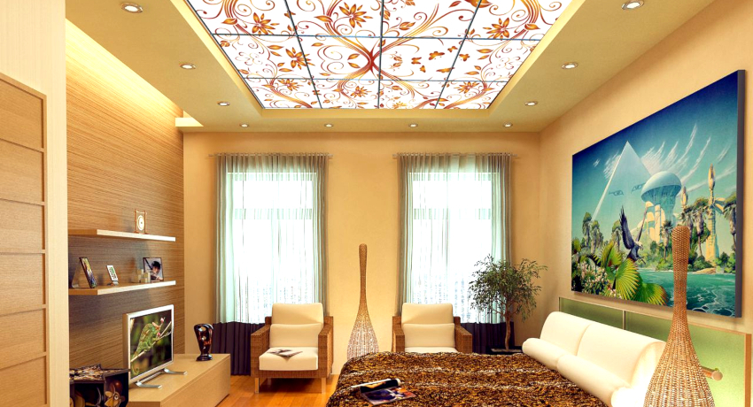 plafond suspendu avec éclairage: mobilier élégant de l'élément de chambre