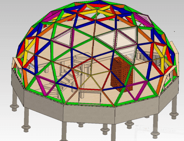 Okvir geodetske kupola sestavljen iz več posameznih ravnih robovih med seboj povezani pod rahlim kotom.