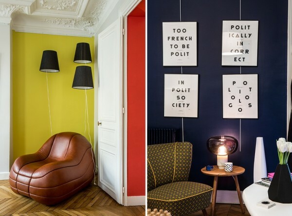 Her - blå, og der - rød - lyst interiør konsept i fransk