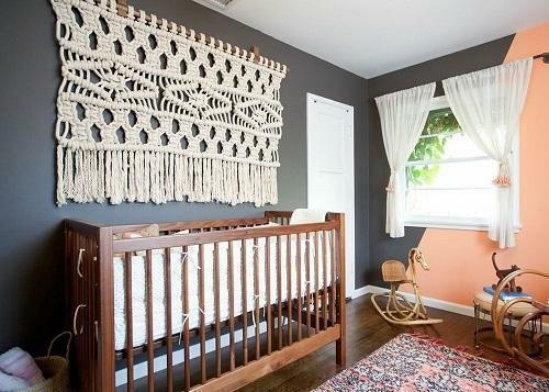 Wickerwork in the technique of macrame creates an atmosphere of warmth and comfort in the bedroom or a children