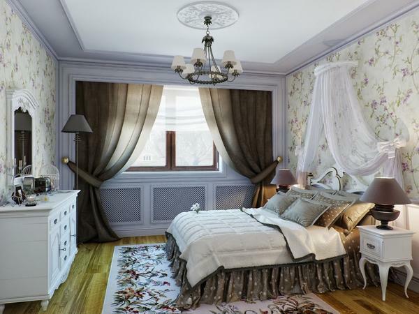 Tapety v štýle Provence je lepšie zvoliť pre spálne, ktorá je vyzdobená v teplých a pastelových farbách