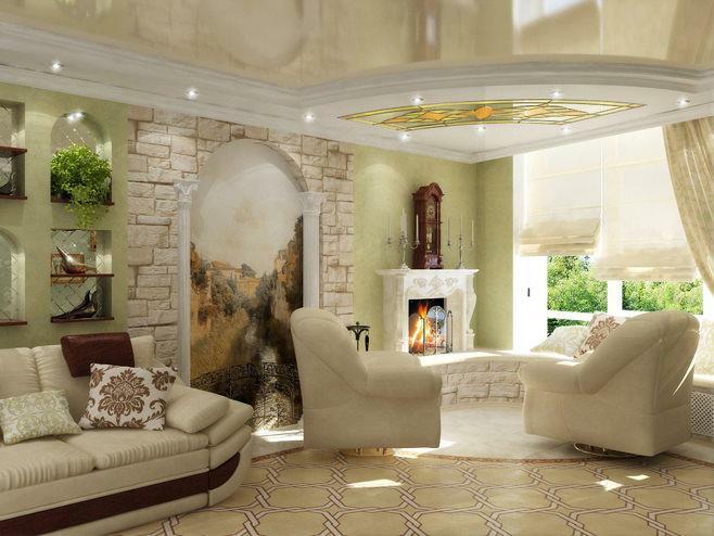 Frescoes in the interior of the living room photo: wall mosaic, interior design and walls in the hall