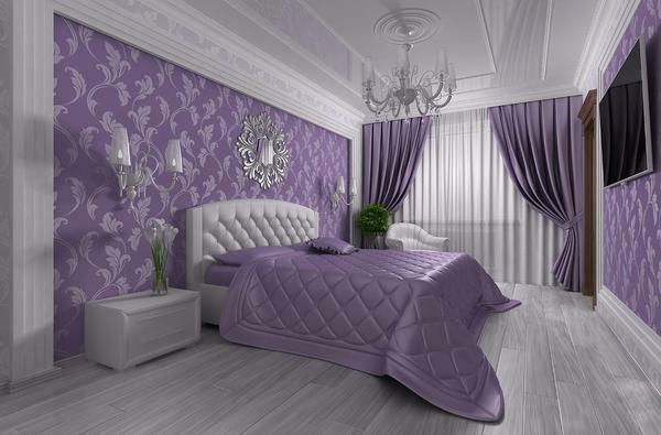 Purple spálne: tón a fotografický dizajn, farby v interiéri, s bielym nábytkom a stena šedá, béžová a čierna