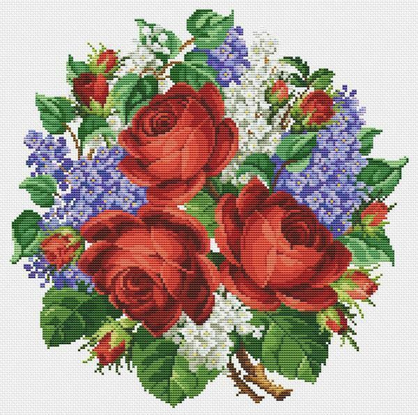 Cross-stitch embroidery roses: a bouquet is large, a collection of pickers, lilac in a glass and a fouger, red and white