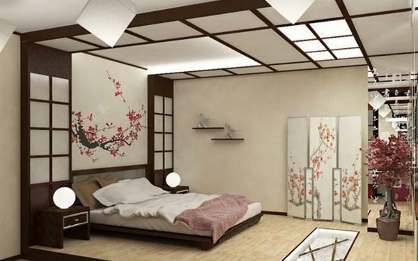 Makuuhuone, sisustettu japanilainen tyyli, näyttää hyvin kaunis ja mielenkiintoinen