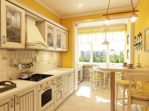 Cozy dapur modern dengan gaya Provence, dikombinasikan dengan loggia.