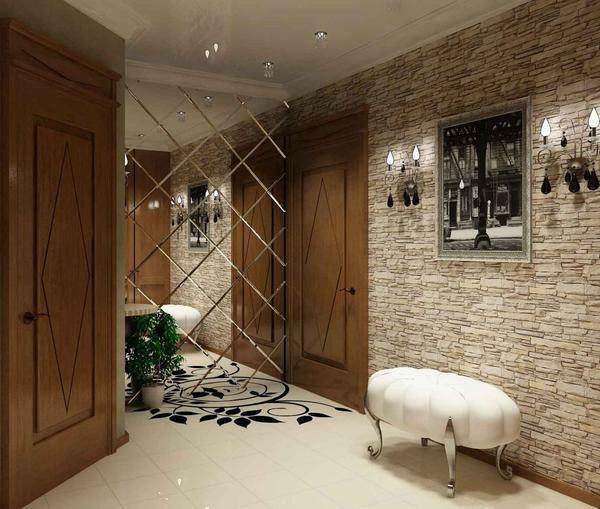 Dekorativní kámen na fotografii interiéru chodby: čalounění tapety, design chodby v bytě, flexibilní a divoké kámen
