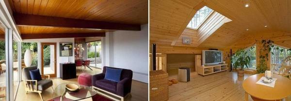 Koristelu seinät ja katot puuta: valokuvan omakotitalossa, puinen teline sisälle asuntoon vaihtoehtoja miten tehdä