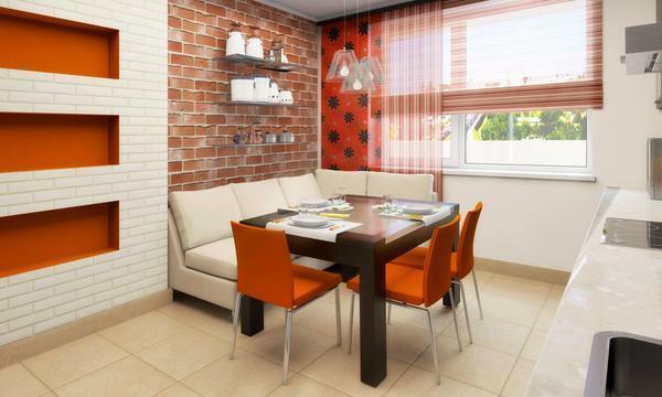 Oransje gardiner: bildet i interiør, kjøkken med hvit og brun, vegg design, som passer inn i stuen gardinene