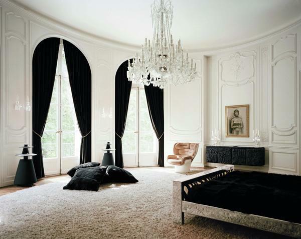 cortinas negras: foto en blanco y negro de una habitación interior, cocina y sala de estar, dormitorio y sala de estar en estilo, pinturas para papeles pintados y tul