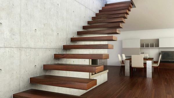 U objektů, vyrobených v minimalistickém stylu, dobře hodí dřevěné schody, kroky, které jsou připojeny pomocí lepidla na stěnu