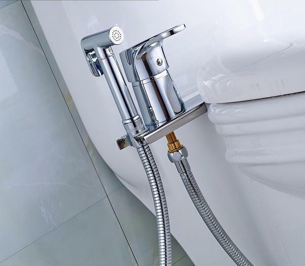 Hygiënische douche: in de kast voor een toiletpot, met een mixer foto, het installeren van sanitair voor het besproeien bidet