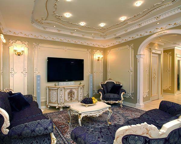 Baroque style room photo: living room design, interior and architecture in Russia, stairs