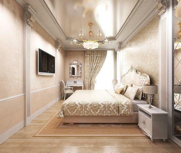Light wallpaper with a golden tinge will give the bedroom a high price and luxury